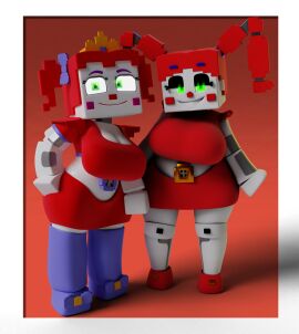 2girls 3d animatronic baby_(fnafsl) blue_stockings bow bow_in_hair bow_ribbon circus_baby circus_baby_(fnaf) circus_baby_(minecraft) circus_booby circus_booby_(minecraft) circus_queen_(justaperson) cleavage clown clown_girl coolbeano coolbeanoishere crown fazbear_&_friends fazbear_&_friends_(zamination) female female_focus female_only five_nights_at_freddy's five_nights_at_freddy's:_sister_location ginger ginger_hair green-eyed_female green_eyes justaperson_queendom minecraft minecraft_circusqueen_(justaperson) orange_hair red_hair robot robot_girl sister_location stockings thick thick_thighs tiara white_skin white_skin_(monochrome)