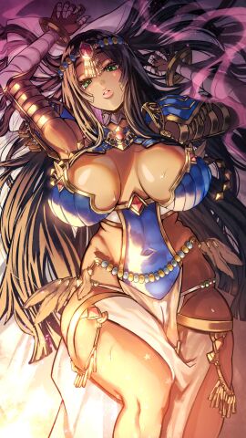 1girls aguno breasts dark_skin fate/grand_order fate_(series) female green_eyes large_breasts lips long_hair lying lying_on_back scheherazade_(fate) solo very_long_hair