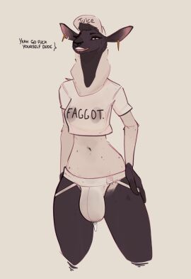 absurd_res anthro belly biped bodily_fluids bovid bulge caprine clothed clothing digital_media_(artwork) dripping ear_piercing ears_up english_text ewe futa_only futanari genital_fluids hat headgear headwear hi_res homophobic_slur intersex intersex_only leaking_precum looking_at_viewer mammal navel piercing precum precum_drip profanity sheep shirt simple_background skimpy slur solo speech_bubble standing text text_on_clothing text_on_topwear topwear translucent translucent_clothing yo-lander