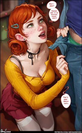 1boy 1girls animated aroma_sensei blowjob blush bra_strap braces breasts cleavage clothed clothed_blowjob cum_drip deepthroat dental_braces earrings female freckles freckles_on_breasts freckles_on_face freckles_on_shoulders green_eyes hair_ornament hand_on_head library male on_knees penis penny_(stardew_valley) red_eyebrows red_hair retainer skirt stardew_valley