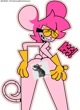 absurd_res anthro black_nose buckteeth clothing eyewear female glasses gloves goommymuffin hair handwear hi_res mammal mouse muffin_(goommymuffin) murid murine pink_body pink_ears pink_hair pink_inner_ear pink_tail rat_tail red_heart rodent simple_background smile solo tail teeth the_cartoon_love white_background yellow_clothing yellow_eyewear yellow_glasses yellow_gloves yellow_handwear