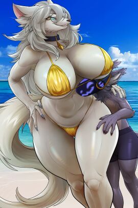 1boy 1girls anthro beach big_hips big_thighs bikini blue_eyes breasts busty canine cloud day detailed_background duo female female_anthro front_view furry furry_only glasses gold_bikini hand_on_hip hand_on_leg hand_on_own_hip hand_on_thigh hips huge_breasts kittell_(artist) larger_female long_hair long_tail looking_away male male/female male_anthro mammal midriff multicolored_body neckwear nyova oc_only ocean original original_character outdoors protogen raeal_the_protogen round_glasses sand seaside size_difference sky smaller_male smile standing swim_trunks swimsuit thick_thighs thighs three-quarter_portrait water white_body white_hair white_tail wide_hips wolf
