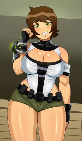 1girls ben_10 ben_10000 ben_10_(classic) ben_tennyson big_breasts breasts donchibi female female_ben female_only green_eyes jen_tennyson leggings rule_63 short_hair short_shorts solo