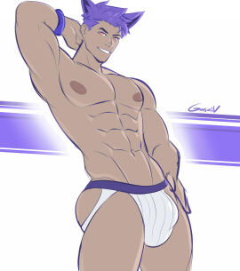 1boy abs animal_ears armpits bracelet bulge gasaiv gengar gijinka hand_behind_head jockstrap jockstrap_only looking_at_viewer looking_down looking_down_at_viewer low-angle_view male male_only muscular muscular_arms muscular_chest nipples pecs pokemon pokemon_rgby purple_hair shirtless smile smiling_at_viewer solo solo_male standing topless underwear underwear_only