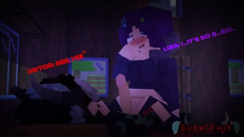 1boy 1girls 3d bedroom breasts clothed_female demon demon_boy erect_penis female horns horny_female human_female humanoid_penis liza_(drispysik) male mine-imator minecraft no_panties no_pants on_bed outside penis pointy_ears purple_hair pussy supertwit tagme viktor_(supertwit) wet_pussy