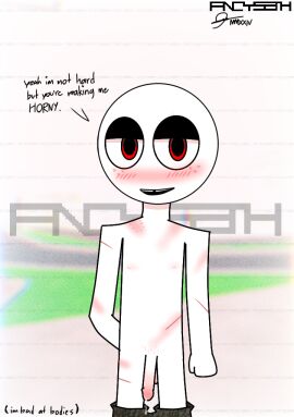 arm_behind_back bald balls blush blush_lines blushing_at_viewer blushing_male bruises camouflage cartoon cartoony circumcised cyan1453 dialogue dripping_precum flaccid flaccid_penis gap_teeth gap_toothed male male_only nipples original_character pants_down penis precum precum_drip red_eyes round_head self_upload skinny standing stickman talking talking_to_viewer teenager testicles toony white_body white_skin wounded