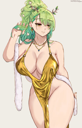 absurdres alternate_costume alternate_hairstyle antlers artist_name bare_shoulders bow bowtie braid breasts ceres_fauna cleavage closed_mouth cocktail_dress collarbone cowboy_shot dress earrings female gold_dress grey_background groin hand_in_own_hair hand_up highres hololive hololive_english hololive_english_-council- hololive_english_-promise- horns jewelry large_breasts long_hair looking_to_the_side no_panties pelvic_curtain plunging_neckline ponytail shawl simple_background sleeveless sleeveless_dress smile solo vicarious virtual_youtuber wide_hips yellow_dress