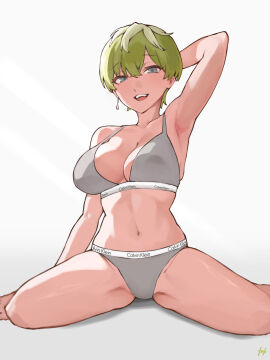 1girls 2024 2d adult adult_female armpit artist_name artist_signature ass_visible_through_thighs beige_skin big_breasts blank_background blonde_hair blue_eyes bra breasts calvin_klein confident female female_focus female_only fit fit_female front_view fukuya_art green_hair grey_bra grey_panties human human_female human_only izumo_tenka large_breasts light-skinned_female light_skin lime_hair looking_at_viewer mato_seihei_no_slave multicolored_hair one_arm_behind_head one_arm_up panties pin-up pin_up pinup pose posing realistic_breast_size realistic_proportions short_hair simple_background single_earring solo solo_female thighs very_short_hair white_background white_hair