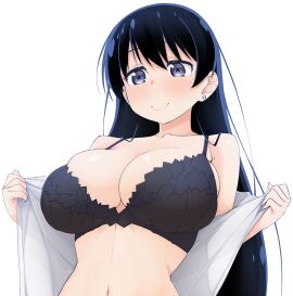 1girls black_bra black_hair blue_eyes bra breasts cleavage closed_mouth commentary_request earrings female hinata_masaki jewelry large_breasts light-skinned_female long_black_hair long_hair looking_at_viewer nagi_arato navel ruri_no_houseki ruri_rocks shirt shirt_down simple_background smile smiling smiling_at_viewer solo solo_female solo_focus stud_earrings taking_clothes_off undressing upper_body waist_up white_background white_shirt