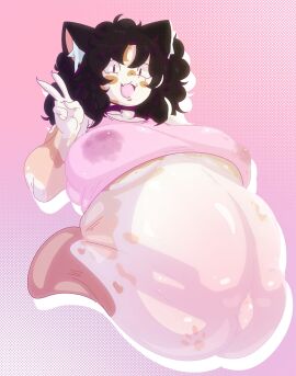 1girls anthro_on_anthro ass big_ass big_breasts big_butt black_hair bottomless breasts cat_ears clothing curvaceous curvy curvy_figure cute_fang erect_nipples erect_nipples_under_clothes fellatio female female_only furry_only gayplantsex heavily_pregnant huge_ass huge_breasts looking_at_viewer mostly_nude open_mouth peace_sign pink_background pregnant solo solo_female stained_clothes stained_glass voluptuous voluptuous_female