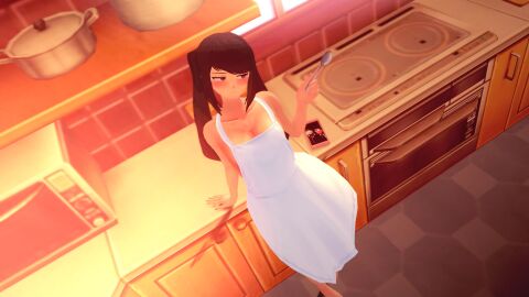 1girls 3d black_hair blush breasts evening female julianne_stingray kitchen kitchen_counter kitchen_utensils koikatsu long_hair looking_away naked_apron phone phone_screen small_breasts solo solo_female solo_focus spiritofrei spoon va-11_hall-a