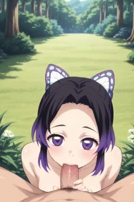 ai_generated blowjob brown_hair eye_contact fellatio female male/female naked naked_female nature nature_background no_sound oral oral_sex pov pov_eye_contact pov_male pubic_hair purple_eyes shinobu sucking sucking_penis swallowing swallowing_penis_while_deepthroat tagme video