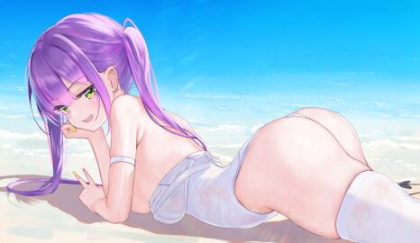 1girls ass beach blush breasts demon female green_eyes holoforce hololive hololive_japan laying_down light-skinned_female light_skin medium_breasts one-piece_swimsuit outdoors pink_nails purple_hair red_o7 sand small_breasts solo succubus swimsuit tail tokoyami_towa twintails v virtual_youtuber water wet wet_skin yellow_nails