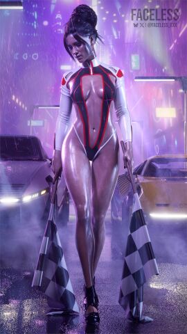 1girls 2025 3d big_hips black_nail_polish bun_hair checkered_flag cleavage cleavage_cutout clothed clothed_female cyberpunk cyberpunk_2077 cyberpunk_background deep_cleavage detailed_background eyes_closed eyeshadow faceless_xxx female female_only front_view full_body futuristic futuristic_clothing high_heels leotard long_hait long_sleeve_leotard looking_down nail_polish navel no_nude no_nudity non-nude non_nude outdoors painted_nails panam_palmer race_queen rain solo thick_thighs tied_hair turtleneck_leotard wet wet_body