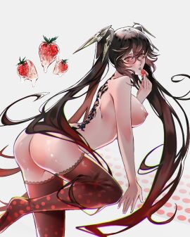 1girls black_hair breasts eating female long_hair lucia_(punishing:_gray_raven) medium_breasts nipples nude punishing:_gray_raven red_eyes red_hair robot_girl strawberry thighhighs twintails