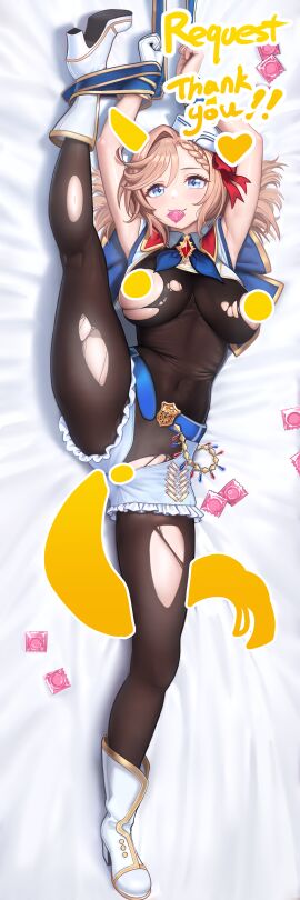 absurdres animal_ears armpits arms_up asdkd123 belt black_bodysuit blue_belt blue_eyes blush bodysuit bondage bound braid breasts censored commentary_request commission condom covered_navel cropped_jacket denim denim_shorts female full_body hair_between_eyes highres horse_ears horse_girl horse_tail jacket large_breasts lying medium_hair mouth_hold on_back open_clothes open_fly open_jacket pixiv_commission shoes shorts smile solo split spread_legs tail thighs torn_bodysuit torn_clothes umamusume venus_paques_(umamusume) white_shoes