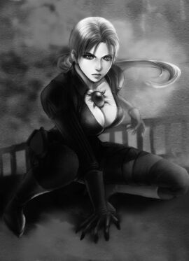 1girls 2010 bodysuit breasts capcom female female_only greyscale jill_valentine jill_valentine_(blonde) leona_(artist) resident_evil resident_evil_5 sitting solo squatting