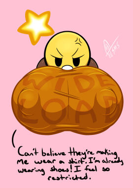 angry anthro ball_with_boobs ball_with_hyper_features big_nipples breasts clothed clothes_hate female female_only hate_clothes huge_breasts mario_(series) mario_and_luigi_(series) nintendo no_bra not_liking_clothes starlow supermoonshroom waddling_head