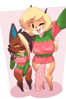 1futa 2022 anthro balls big_breasts black_hair blonde_hair bodily_fluids borvar bottomless breasts brown_body brown_fur canid canine canis christmas christmas_clothing christmas_sweater christmas_topwear clothed clothing cum digital_media_(artwork) domestic_dog duo female fur futa/female futanari genital_fluids genitals gesture gutzi_(rappidrobin) hair hi_res holidays horn implied_after_sex intersex intersex/female looking_at_viewer mammal meme open_mouth penis shirt simple_background size_difference smile sweater sweater_only text text_on_clothing text_on_shirt text_on_topwear topwear topwear_only tori_yiffany