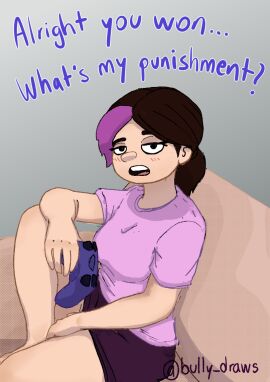 2d 2d_(artwork) 2d_artwork before_sex blush bully_draws dialogue female gamer_girl lily_alvarez pajamas text