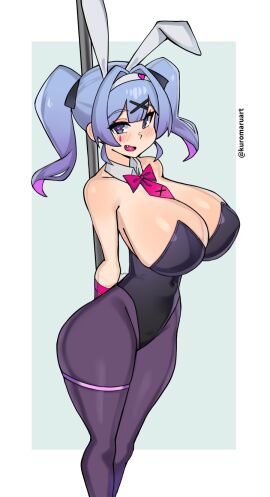 blue_hair breasts bunny_ears bunnysuit cute_fang female hatsune_miku heart-shaped_pupils kuromaruart large_breasts leotard multicolored_hair mv_character pantyhose purple_hair rabbit_hole_(deco*27/caststation) rabbit_hole_(vocaloid) twintails vocaloid
