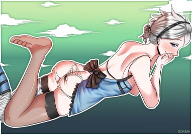 1boy ass big_ass blue_eyes blush clothing dokima femboy kaine_(nier)_(cosplay) light-skinned_male light_skin looking_at_viewer lying lying_on_stomach male male_focus male_only nier nier_(character) nier_replicant solo thighhighs trap white_hair