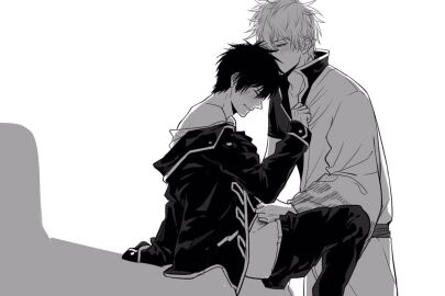 2boys blush gay gintama gintoki_sakata handjob hijikata_toshiro male male_only monochrome mugui_s no_visible_genitalia off_shoulder pants_down police_officer police_uniform profile shinsengumi_(gintama) side_view sitting yaoi