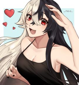 1girls :d aqua_nails armpits bare_shoulders black_hair black_nails blue_nails blush breasts brown_hair cleavage collarbone fangs female fingernails green_nails hair_between_eyes heart large_breasts long_hair looking_at_viewer medium_breasts mixed_hair_color momotexx_(vtuber) multicolored_hair multicolored_nails nail_polish open_mouth pink_nails purple_nails red_eyes red_nails smile solo streaked_hair striped_background tank_top two-tone_hair upper_body very_long_hair virtual_youtuber vtuber vyugen white_hair wolf_girl