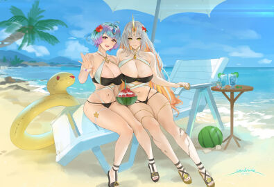 1_horn 2girls ahoge alternate_costume bare_shoulders beach big_breasts bikini black_bikini black_swimsuit blonde_hair breasts cleavage female female_only fire_emblem fire_emblem_heroes full_body goddess grey_hair gullveig_(fire_emblem) highres horns huge_breasts innertube jewelry large_breasts long_hair multicolored_hair multiple_females multiple_girls navel nintendo ocean official_alternate_costume open_mouth outdoors pale_skin purple_hair sandals seidr_(fire_emblem) sendrawz short_hair simple_background sitting smile swim_ring swimsuit thighs toes two-tone_hair yellow_eyes