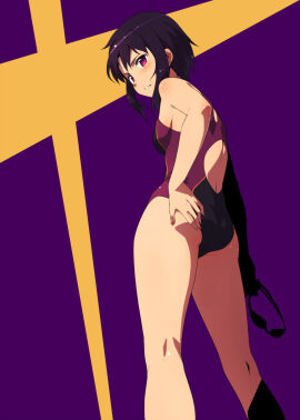 1girls absurd_res absurdres ass back bare_armpits bare_arms bare_back bare_calves bare_hands bare_knees bare_legs bare_shoulders bare_skin bare_thighs bikini black-haired_female black_hair blush blushing_at_viewer blushing_female breasts calves dot_nose elbows female female_focus female_only fingernails fingers full_body groin hair_between_eyes half_naked hand_on_ass hand_on_own_ass hand_on_own_thigh hand_on_thigh high_resolution highres kinta_(distortion) kneepits knees legs light-skinned_female light_skin looking_at_viewer naked naked_female nude nude_female one-piece_swimsuit original original_art original_artwork original_character parted_lips petite petite_body petite_breasts petite_female purple-eyed_female purple_background purple_bikini purple_eyes purple_one-piece_swimsuit purple_swimsuit purple_swimwear short_hair shoulders sideboob sidelocks simple_background slender_body slender_waist slim_female slim_waist small_breasts solo standing swimsuit swimwear thick_ass thick_thighs thighs thin_waist underboob v-line yellow_background