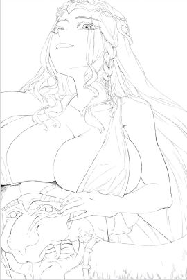 1boy 1girls 2d braid braided_hair breasts breasts_on_head breasts_out breasts_out_of_clothes crown dress elden_ring female fromsoftware gender_transformation genderswap genderswap_(mtf) goddess incest long_hair looking_down male male/female miquella rule_63 shadow_of_the_erdtree smiling starscourge_radahn transformation unknown_artist very_long-haired_female very_long_hair wife