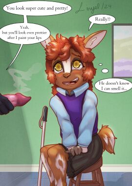 absurd_res age_difference anatomically_correct anatomically_correct_genitalia anatomically_correct_penis animal_genitalia animal_penis anthro blind blush bottomwear bovid cane canid canine canine_genitalia canine_penis caprine chair clothing disability duo english_text female female_focus furniture genitals goat hair hi_res liryal male male/female male_only mammal on_chair penis red_hair sitting sitting_on_chair skirt smile text