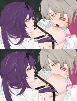 2girls 2koma absurdres bite_mark bite_mark_on_breast breast_sucking breasts closed_mouth clothes_pull comic commentary eyewear_on_head female grey_hair heart highres honkai:_star_rail honkai_(series) kafka_(honkai:_star_rail) large_breasts licking licking_nipple lipstick_mark lipstick_mark_on_face long_hair looking_at_another multiple_females multiple_girls nipple_stimulation nipples pari ponytail purple_eyes purple_hair shirt shirt_pull smile spoken_heart stelle_(honkai:_star_rail) sunglasses symbol-only_commentary tongue tongue_out trailblazer_(honkai:_star_rail) white_shirt yellow_eyes yuri