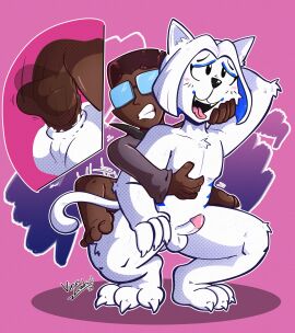 ahju anal anthro ass cat_ears cat_tail commissioner_upload cum cum_in_ass dark-skinned_male dark_skin feline femboy furry gay glasses human_on_anthro leaking_cum male mounting oc size_difference small_dom_big_sub two-tone_hair virus_lewds