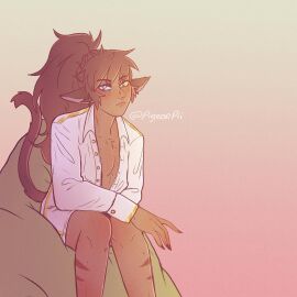 1girls anthro anthro_only artist_signature blouse blush breasts cat_ears cat_girl cat_tail catgirl catra claws cleavage collared_blouse collared_shirt eyelashes eyeliner female female_only flat_chest freckles heterochromia hi_res long_hair makeup naked_shirt pigeonpii ponytail she-ra_and_the_princesses_of_power shirt signature simple_background sitting small_breasts solo tail text unbuttoned unbuttoned_shirt