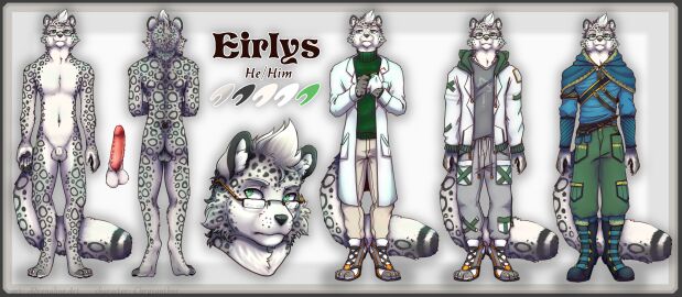 absurd_res balls clothing eyewear fantasy felid feline furry genitals glasses hi_res male mammal model model_sheet modern multiple_outfits nude pantherine penis snow_leopard solo_male tall