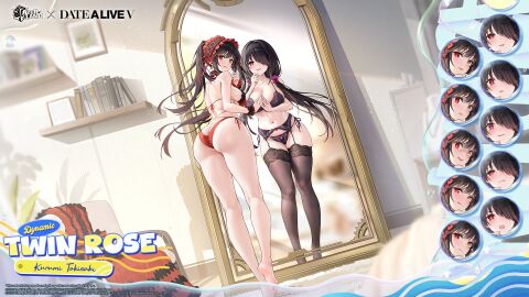 1girls ass azur_lane bikini black_bra black_garter_belt black_garter_straps black_hair black_panties black_thighhighs bra breasts butt_crack cleavage clock_eyes curvy date_a_live different_reflection english_text female from_behind garter_belt garter_straps hair_over_one_eye heterochromia highres huge_ass indoors large_breasts lingerie long_hair looking_at_viewer looking_back mirror multiple_expressions navel official_art panties parted_lips promotional_art red_bikini red_eyes reflection side-tie_bikini_bottom smile stomach swimsuit symbol-shaped_pupils thick_thighs thighhighs thighs tokisaki_kurumi tokisaki_kurumi_(twin_rose)_(azur_lane) underwear underwear_only very_long_hair wide_hips
