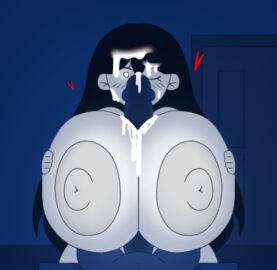 alternate_version big_breasts black_hair blushing_at_viewer breasts cum cum_alt cum_everywhere cum_on_face cum_on_hair cum_on_penis dark_room female ghost_girl giant_breasts glowing glowing_body glowing_eyes heart horny lewd_catz male mari_(omori) massive_breasts omori one_eye_closed paizuri penis penis_in_breasts point_of_view pov