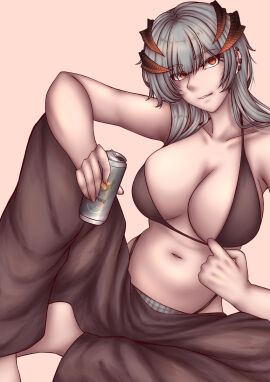 1girls aquaaqua arknights black_bra bra bra_pull breasts female grey_hair horns large_breasts saria_(arknights) solo