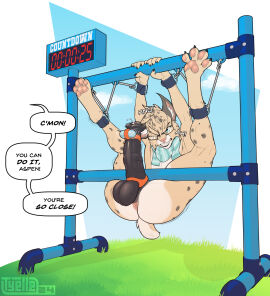 5_fingers animal_genitalia animal_penis anthro anus aspen_(aspencatte) balls biped bondage bound claws dialogue english_text equine_genitalia equine_penis erection eyewear felid feline fingers flared_penis fur genitals glasses grass hi_res inner_ear_fluff lynx male mammal medial_ring pawpads paws penile penis plant sex_toy solo speech_bubble tail text tuft tyelle_niko vibrator vibrator_on_penis