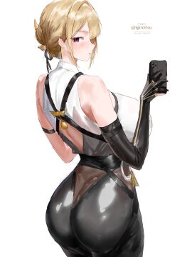 absurdres alternate_breast_size arm_strap ass back_cutout black_gloves black_pants blonde_hair braid braided_bun breasts clothing_cutout commentary elbow_gloves evelyn_chevalier female gloves hair_bun hair_ornament highres holding holding_phone huge_breasts igiroitsu looking_at_viewer looking_back mole mole_under_eye pants partially_fingerless_gloves phone purple_eyes selfie shirt short_hair single_elbow_glove solo tight_clothes tight_pants twitter_username white_background white_shirt zenless_zone_zero
