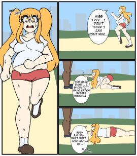 2girls big_belly bubble_butt cat_headphones chubby chubby_female crop_top dark-skinned_female female headphones mrtomato8224 orange_hair rem_(mrtomato) running sweat sweating sweaty twintails tyff working_out workout workout_clothes
