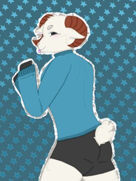 aroused ass ass_up bent_over big_eyes black_eyes black_iris blue_sweater blush blushing_at_viewer booty_shorts cute cute_face cute_male fluffy fluffy_ears fluffy_tail fur furry furry_male furry_only goat hoodie_only hooves jschlatt looking_at_viewer looking_back looking_pleasured male male_focus ram ram_horn ram_horns rammie_(jschlatt) scut_tail short_tail solo_male submissive submissive_male tight_shorts white_fur