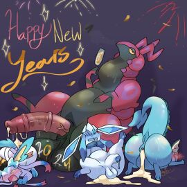 after_sex alcohol animal_genitalia animal_penis arthropod ass balls beverage blue_body blush bodily_fluids bodypaint champagne container cum cum_in_ass cum_in_pussy cum_inside cum_on_ass cum_on_butt cum_on_penis cum_string cup drinking_glass eeveelution ejaculation equine_genitalia equine_penis erection female feral feral_on_feral fur generation_1_pokemon generation_4_pokemon generation_5_pokemon generation_6_pokemon genital_fluids genitals glaceon glass glass_container glass_cup group hi_res holidays male male/female male/male mammal myriapod new_year new_year_2024 nintendo open_mouth penis pokemon pokemon_(species) pussy scolipede sex shiny_pokemon snappy_snaz sylveon tail text thick_thighs vaporeon wide_hips