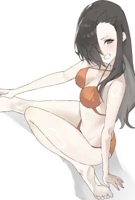 1girls belly black_hair blush breasts feet female hair_over_one_eye half_naked hips looking_at_viewer natsuki_subaru natsumi_schwarz on_floor re:zero_kara_hajimeru_isekai_seikatsu rule_63 sitting smiling solo solo_female swimsuit thighs white_background