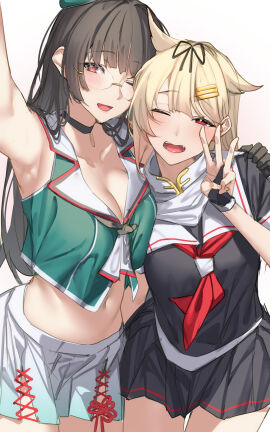 2girls armpits big_breasts black_choker black_gloves black_hair black_ribbon black_serafuku black_skirt blonde_hair breasts choker choukai_(kantai_collection) choukai_kai_ni_(kantai_collection) cleavage crop_top female female_only fingerless_gloves glasses gloves hair_flaps hair_ornament hair_ribbon hairclip hat highres kantai_collection large_breasts long_hair looking_at_viewer medium_breasts miniskirt multiple_females multiple_girls navel neckerchief one_eye_closed open_mouth pallad pleated_skirt red_neckerchief ribbon sailor_collar scarf school_uniform second-party_source selfie serafuku skirt thigh_gap w white_background white_sailor_collar white_scarf yuudachi_(kantai_collection) yuudachi_kai_ni_(kantai_collection)
