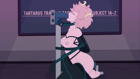 1girls animated animated_gif armbinder arms_behind_back ashido_mina bdsm bondage bound boxbinder closed_eyes dawho555 deepthroat dildo fellatio female horns kneeling mina_ashido my_hero_academia nipples no_sound on_knees pink_hair pink_skin short_hair smile solo solo_female throat_bulge
