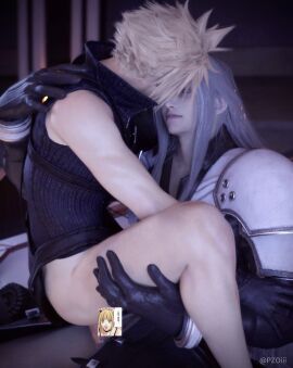 2boys 3d anal anal_sex ass blonde_hair bottomless censored character_censor clothed_sex cloud_strife femboy final_fantasy final_fantasy_vii final_fantasy_vii_advent_children gay gay_anal gay_sex gloves grey_hair hand_on_thigh light-skinned_male light_skin long_hair looking_at_another male male/male no_pants novelty_censor on_lap pzoiii sephiroth sitting_on_lap spiky_hair square_enix tagme thighs yaoi