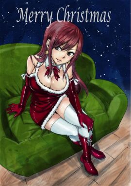 boots bow breasts brown_eyes christmas cleavage commentary couch earrings elbow_gloves english_commentary erza_scarlet fairy_tail female full_body gloves hand_on_own_knee jewelry knee_boots large_breasts long_hair mashima_hiro merry_christmas official_art red-haired_female red_gloves red_hair santa_costume sitting solo star_(symbol) thighhighs white_thighhighs zettai_ryouiki