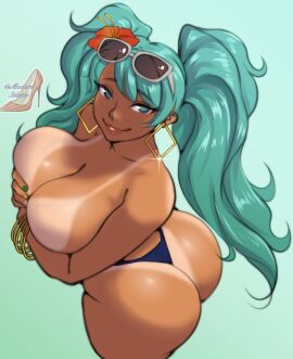 1girls 2d ass big_breasts bikini_bottom bikini_tan blue_eyes bracelet brazil brazilian brazilian_female brazilian_miku breasts bubble_ass bubble_butt busty covering_breasts earrings female female_focus female_only flower flower_in_hair hatsune_miku hourglass_figure large_breasts long_hair madam_stiletto makeup solo standing sunglasses_on_head tagme tan tan_body tan_skin tanline thong thong_bikini thong_only topless turquoise_hair twintails vocaloid wide_hips